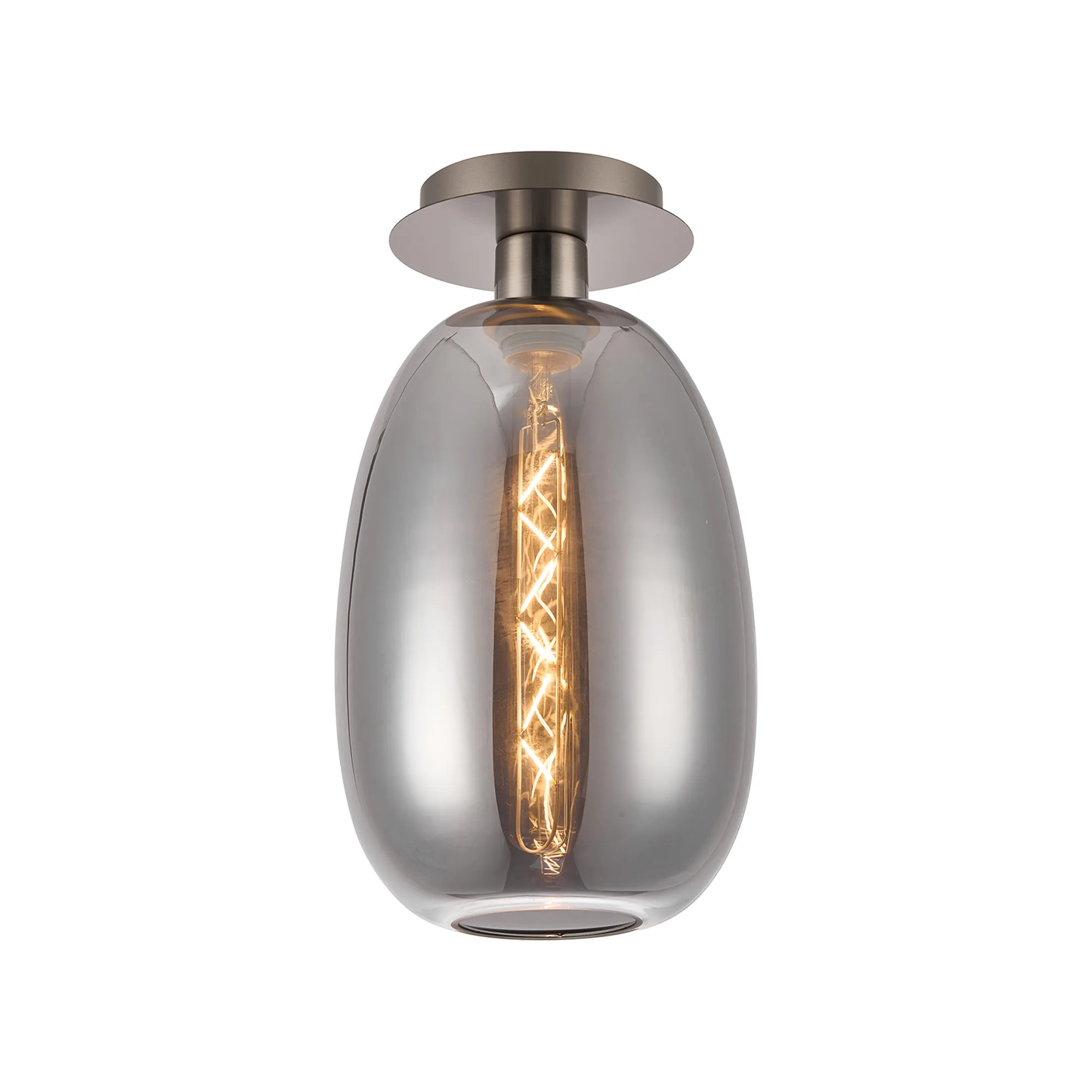 DK1416  Lori 15cm Round Ceiling Flush, 1 Light Flush Fitting E27, Satin Nickel/Smoke Slim Curved Trapezium Shades